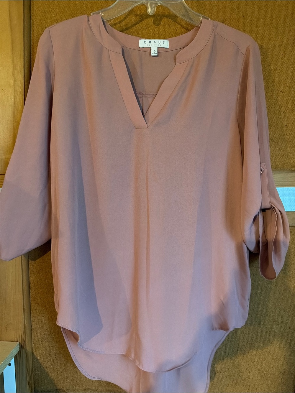 Chaus New York Dusty Rose V-Neck Roll-Tab Blouse
